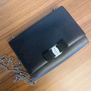 Salvatore Ferragamo Black Saffiano Leather Small Ginny Crossbody Chain Bag